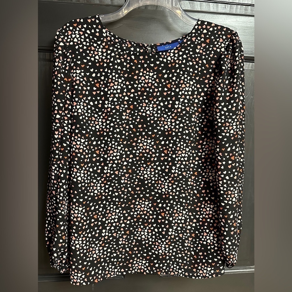 Apt 9 Blouse Semi Sheer Long Sleeve Black with Small Hearts Women’s Size Medium